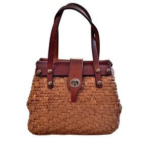 John Romain Vintage 1969 Woven Straw Leather Mini Satchel Bag Brown Tan Turnlock